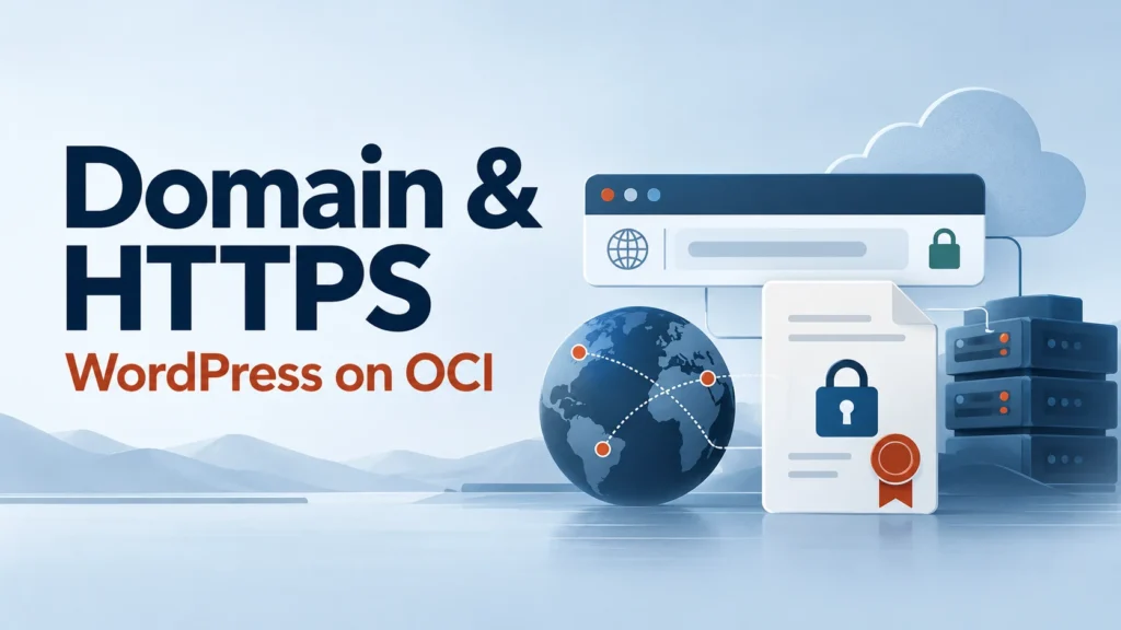 Domain & HTTPS — WordPress on OCI conceptual editorial illustration