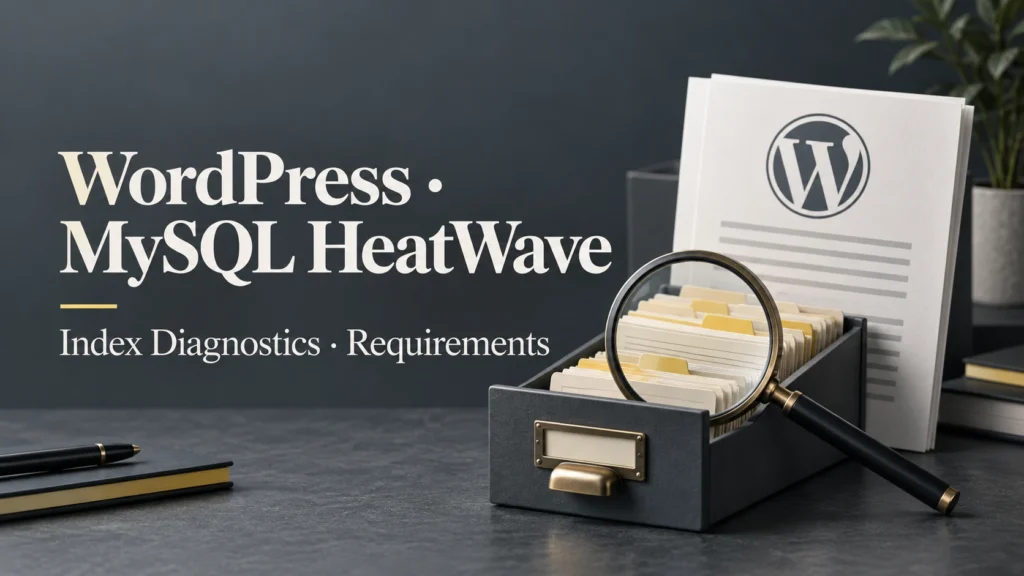 WordPress · MySQL HeatWave — Index Diagnostics · Requirements conceptual editorial illustration