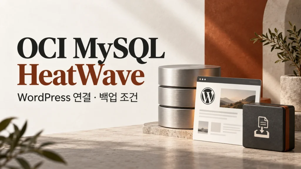 OCI MySQL HeatWave — WordPress 연결 · 백업 조건 주제를 표현한 개념 그림