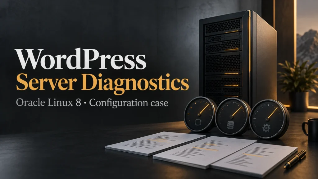 WordPress Server Optimization on Oracle Linux 8: Historical Configuration and Diagnostics 1 WordPress Server Diagnostics — Oracle Linux 8 · Configuration case conceptual editorial illustration
