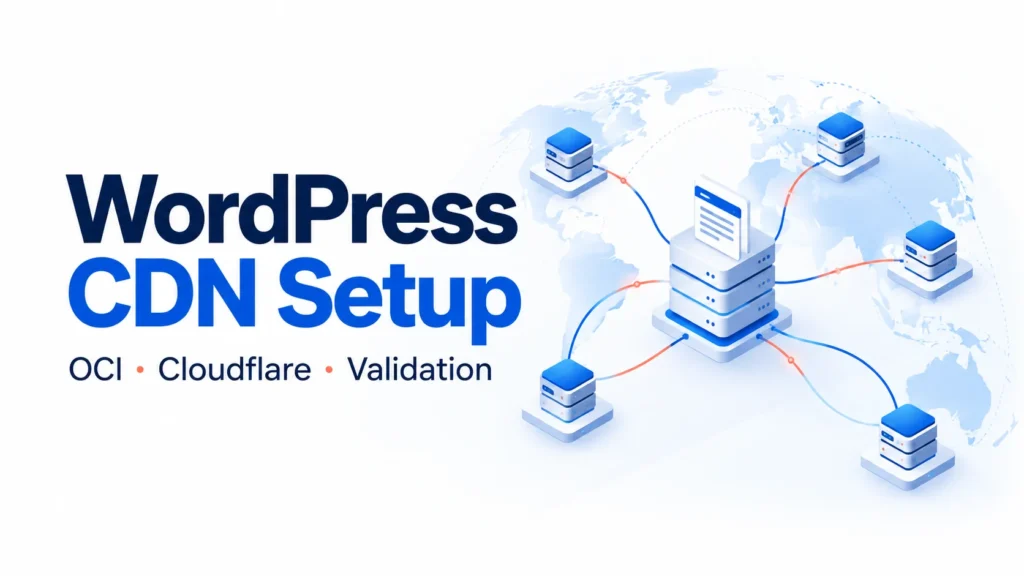 WordPress CDN Setup — OCI · Cloudflare · Validation conceptual editorial illustration
