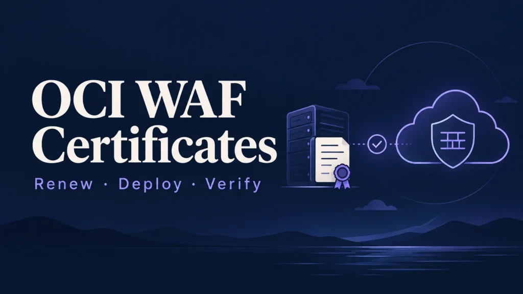 OCI WAF Certificates — Renew · Deploy · Verify conceptual editorial illustration