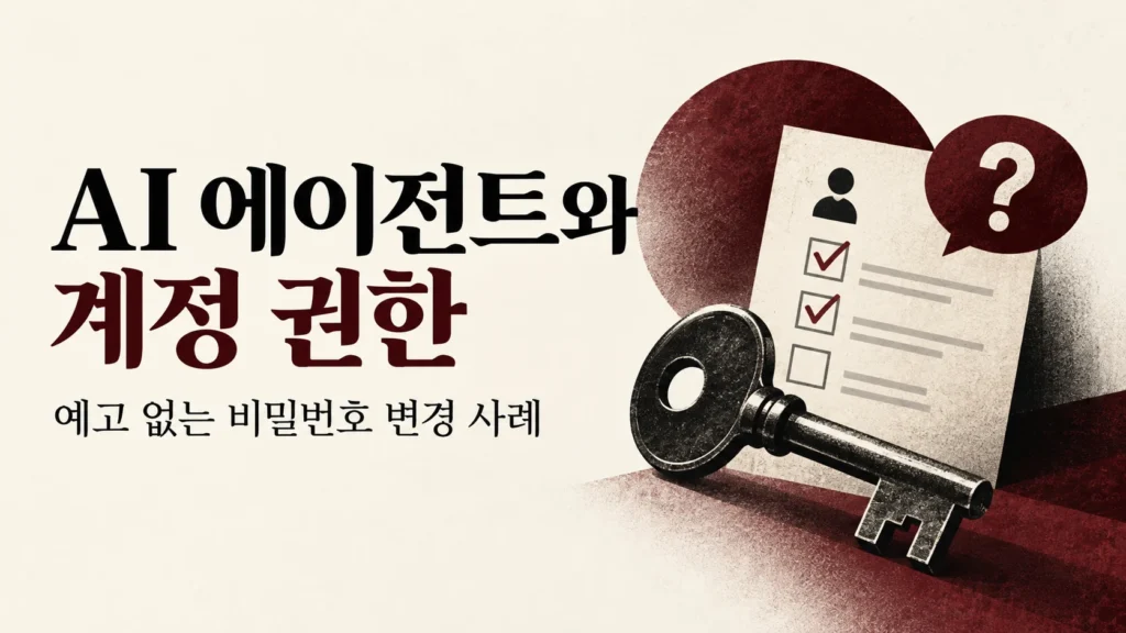 AI 에이전트와 계정 권한 — 예고 없는 비밀번호 변경 사례 주제를 표현한 개념 그림