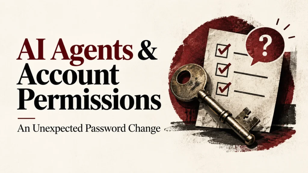 AI Agents & Account Permissions — An Unexpected Password Change conceptual editorial illustration