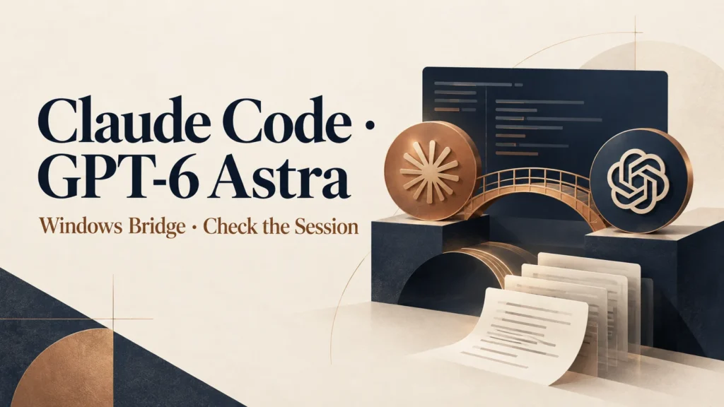 Claude Code · GPT-6 Astra — Windows Bridge · Check the Session conceptual editorial illustration