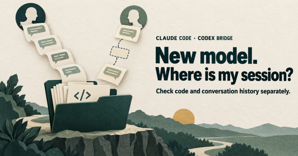 Concept illustration for switching from Claude Code to a personal Codex bridge: verify code files and conversation history separately.