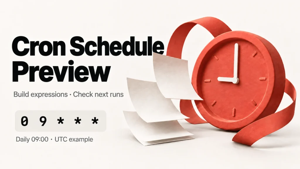 Cron schedule preview: daily 09:00 UTC expression, clock and recurring schedule conceptual illustration