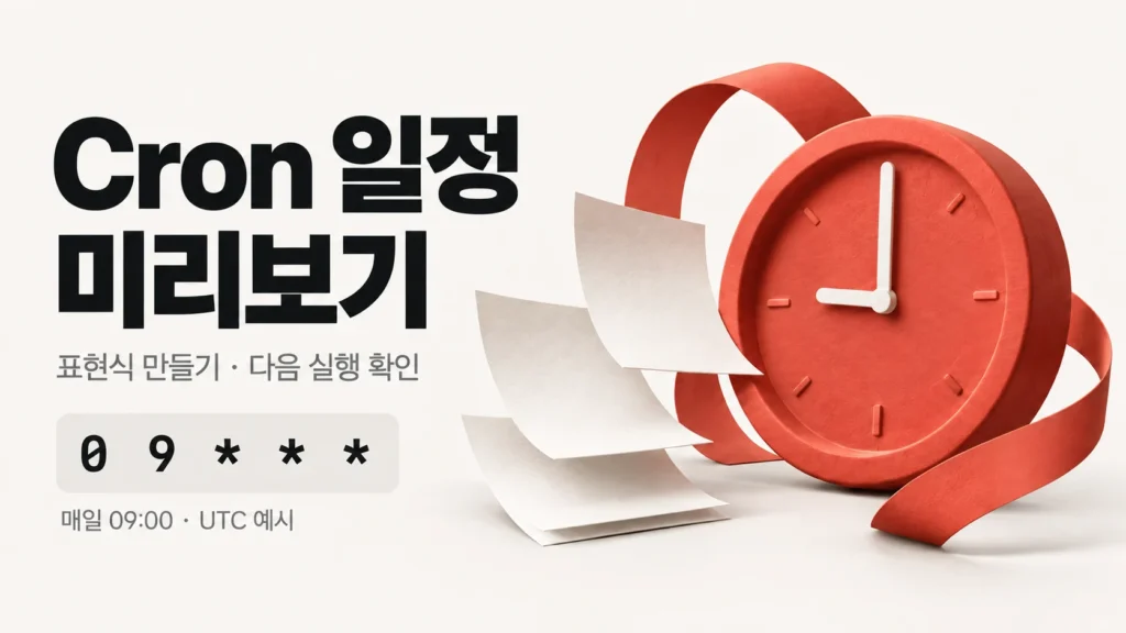 Cron 일정 미리보기: 매일 09:00 UTC 표현식과 시계·반복 일정을 표현한 개념 그림