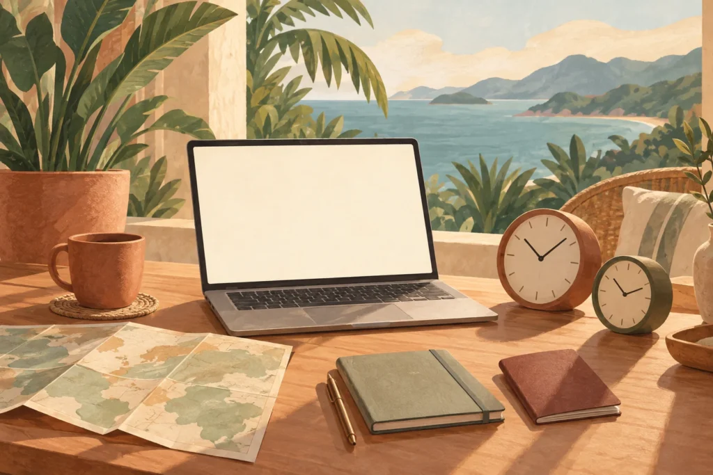A remote freelancer’s workspace illustrating coordination with clients in different time zones