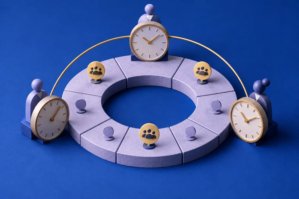 A weekly planning ring and three clocks illustrating recurring meetings across time zones
